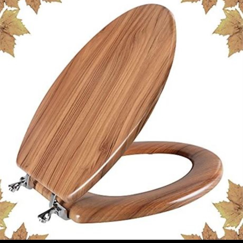 Classic Wood-Grain Toilet Seat Cover — Elongated with Zinc Alloy Hinges. New.